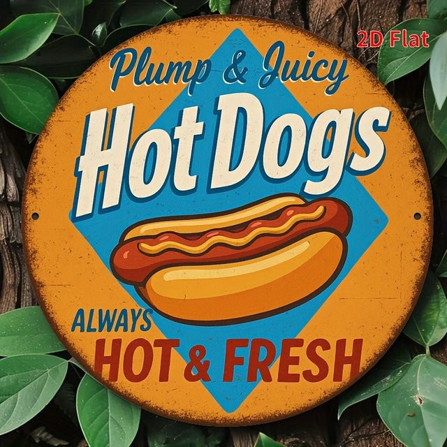 Potdemiel Rundes Aluminium-Wandkunstschild im Vintage-Stil mit Hotdog-Motiv, Durchmesser: 20,32 cm, Mehrfarbig - Bild 1