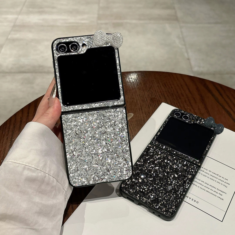 Schwarze Sternenhimmel Leder-Handyhülle mit Glitzer und 3D-Schleifenknoten für Samsung Galaxy Z Flip 8 7 6 5 4 3 und Flip7FE, stoßfeste Flash-Hülle - Bild 2