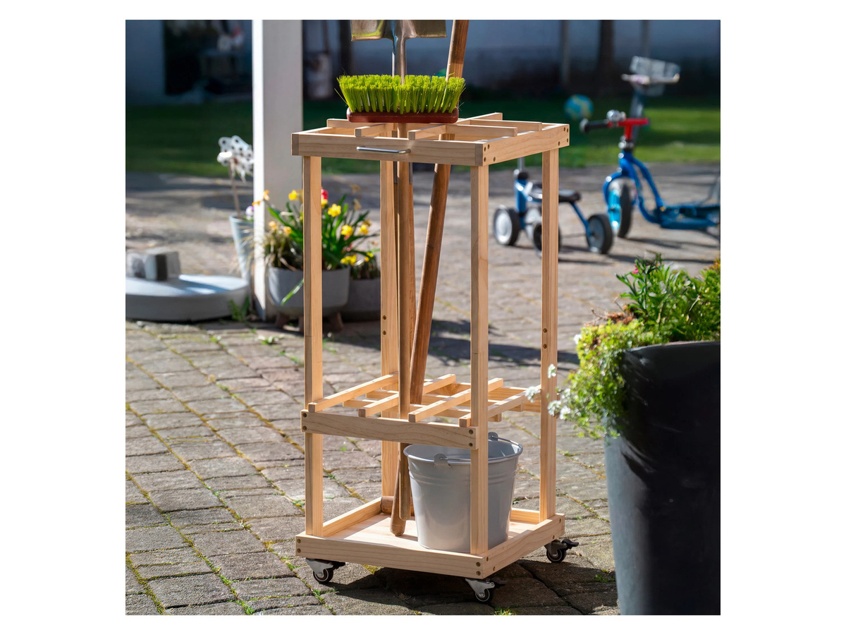 DOBAR Mobiler Gartengerätehalter aus Kiefernholz auf Rollen in Braun, B/T/H: 38,0 x 86,0 x 38,0 cm - Bild 2