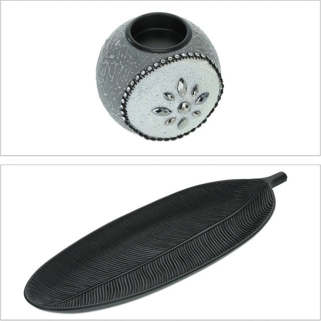 Relaxdays Teelichthalter Set aus MDF in Stein-Optik mit Schale, Grau und Schwarz, B/T/H: 40,5 x 10,0 x 14,5 cm - Bild 1
