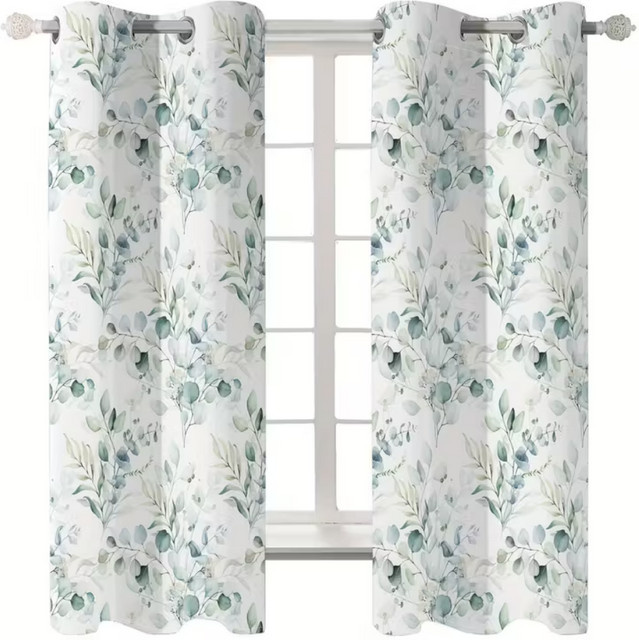 VIKAMA 2er-Set Vintage-Vorhänge mit Eukalyptusblatt-Aufdruck, halbtransparent, Mehrfarbig, B/H: 116 x 53 cm - Bild 1