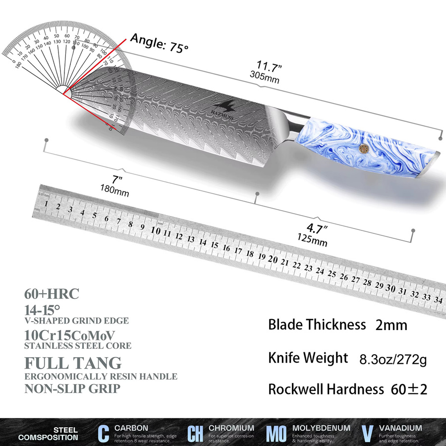 HAZMUSS Santoku Küchenmesser aus Damaszener Stahl mit VG10 Schneidkern und ergonomischem Kunststoffgriff, 7 Zoll (17,78 cm) - Bild 6