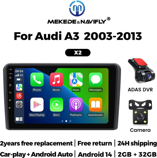 NaviTree Android 14 Autoradio mit kabellosem CarPlay und GPS-Navigation für Audi A3 8P 2003-2011 S3 RS3 Sportback in Schwarz - Bild 1