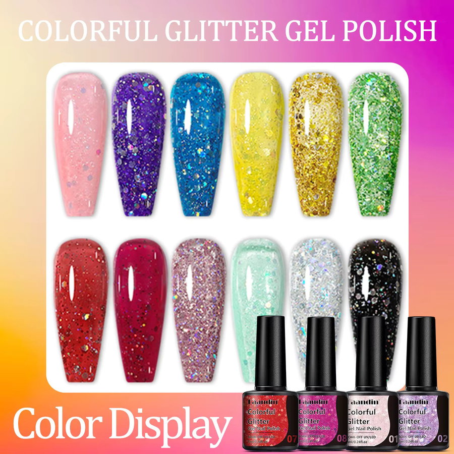 Faandin Glitzer-Gel-Nagellack-Set, Rosa, 4 x 7 ml, Schimmernd - Bild 5