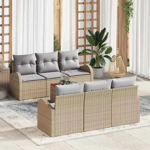 vidaXL Garten-Sofa-Set 7-teilig aus Poly-Rattan in Beige mit Polsterung und Kissen für Terrasse und Balkon - Bild 1