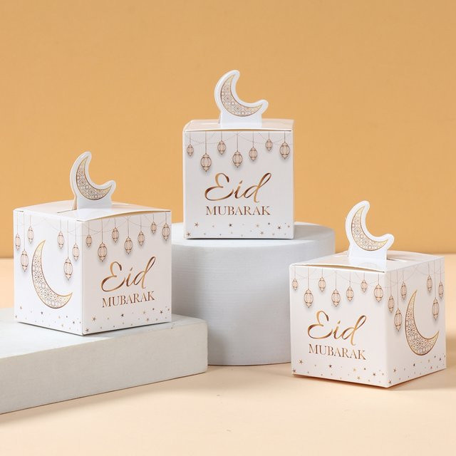 Eid Mubarak Geschenkbox aus Papier mit Mond und Sternen in Weiß für Ramadan und Eid Al Adha Dekoration - Bild 1