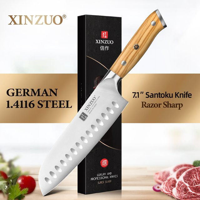 XINZUO Santoku-Schneidemesser aus deutschem 1.4116 Edelstahl mit Olivenholzgriff, 18 cm - Bild 1