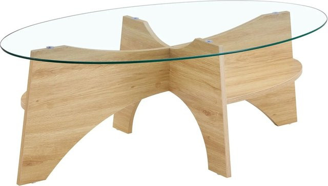 okwish Beistelltisch mit Sicherheitsglas und fächerförmigem Gestell in Natur/Beige, B/T/H: 105 x 60 x 35 cm - Bild 1