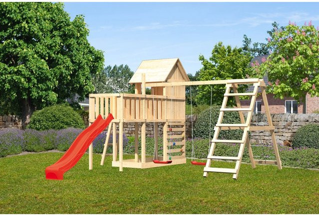 Karibu Stelzenhaus Frieda Spielturm aus nordischer Fichte mit Schaukel, Rutsche und Sandkasten in Rot - Bild 1