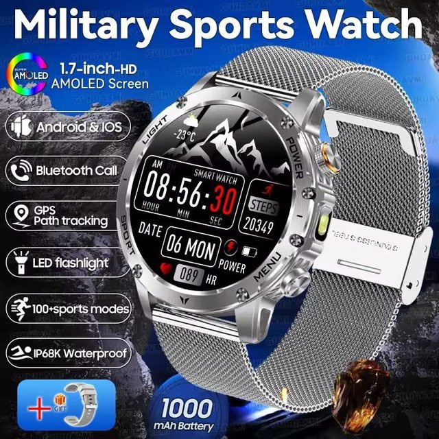 Apex AK87 Smartwatch für Herren mit 1,7 Zoll Display, GPS-Tracking, Herzfrequenzmessung, 3ATM Wasserdichtigkeit und kabelloser Anruffunktion, Farbe: Silber, Mesh Belt - Bild 1