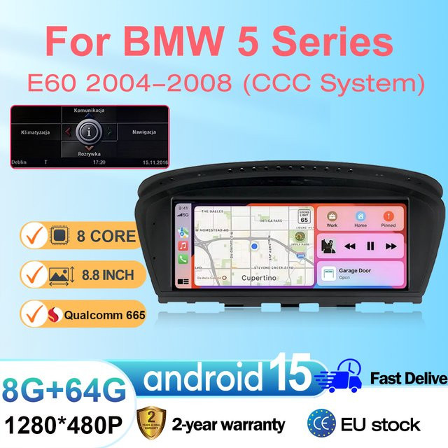 DMDNAVI Android Autoradio mit 8,8 Zoll Display für BMW 5er Serie E60 E61 E63 (2004-2008), Android 15, 8GB RAM, 64GB Speicher, mit Android Auto, Carplay, GPS-Navigation und Multimedia-Funktionen, Schwarz - Bild 1