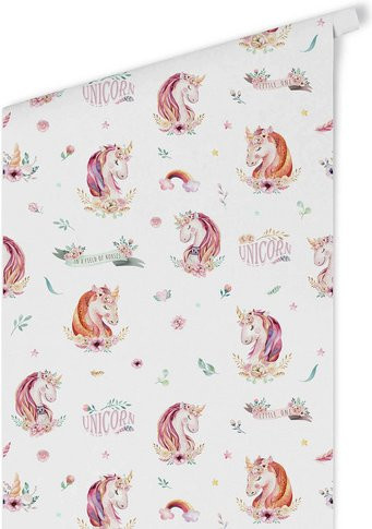 K&L Wall Art Vliestapete Kinder Einhorn Prinzessin, Rosa und Mehrfarbig, Matt - Bild 1