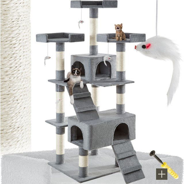 tectake Kratzbaum Barney in Grau mit Sisal, 2 Katzenhäusern, 2 Treppen und integriertem Spielzeug, H x B x T: 170 x 70 x 54 cm - Bild 1