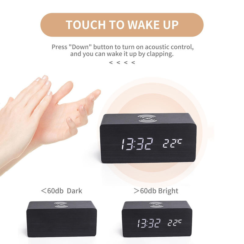 TOMTOP JMS Digitaler Wecker aus Holz mit LED-Anzeige, kabellosem Laden, Thermometer und Datumsanzeige, Braun, B/T/H: 16,8 x 7,2 x 7,2 cm - Bild 3