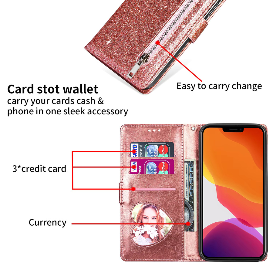 Glitzer Flip Wallet Ledertasche mit Reißverschluss für iPhone in Purple von aierkeba - Bild 2