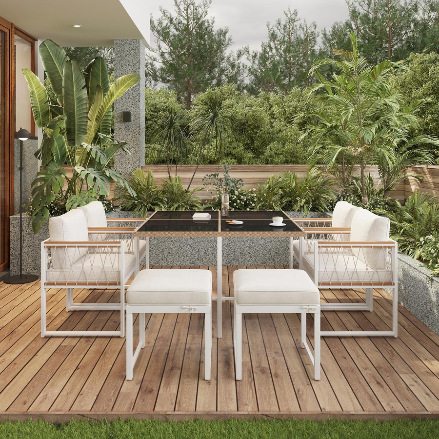 7-teiliges Outdoor Esstisch- und Stuhlset von GL Store aus Polyrattan mit gehärteter Glasplatte und Sitzkissen für 6 Personen in Schwarz-Weiß - Bild 2