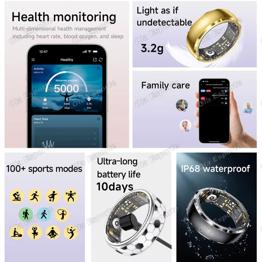 Ola Esporte Smarter Ring in Silber mit Vibrationsalarm, Handgestensteuerung, Videofunktion und Gesundheitsüberwachung inklusive Herzfrequenzmessung und Wasserfestigkeit für Damen und Herren - Bild 2