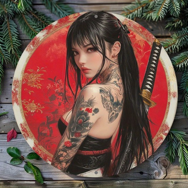 HELLOYOUNG Samurai Wandkunst Rundes Metallschild aus Aluminium in Rot, Durchmesser: 20,32 cm - Bild 1