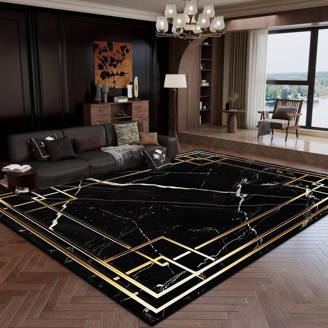 Karpetti Teppich Modern Schwarz Gold, Waschbar und Rutschfest, B/T: 120 x 160 cm - Bild 1