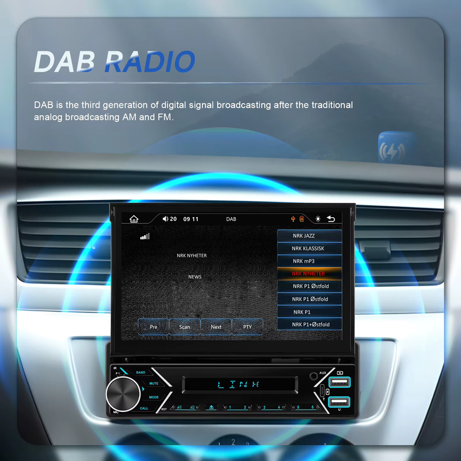 Podofo 1DIN Elektrisch Einziehbares Autoradio mit kabellosem CarPlay, Android Auto und Mirror Link, DAB+, FM, USB Typ-C, Schwarz - Bild 3