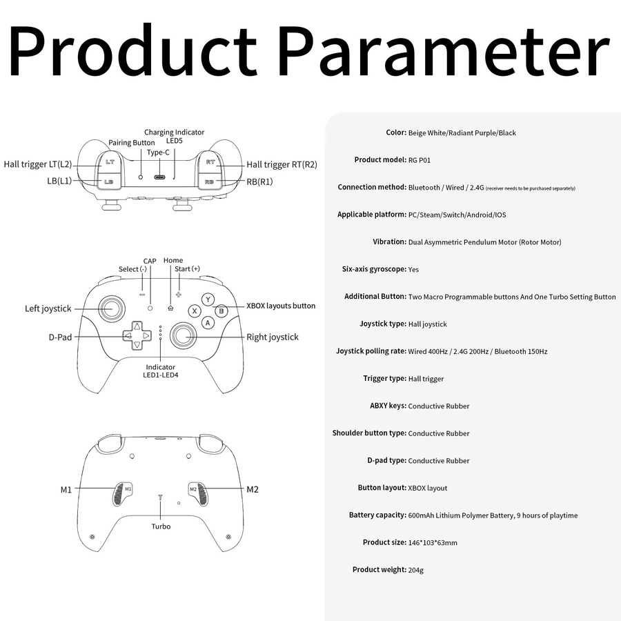 AyeBeau Bluetooth Gaming Controller Schwarz für Nintendo Switch, PC, Android und iOS mit USB-Verbindung - Bild 3