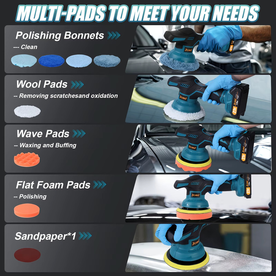Jemi Tool 6-Zoll Akku-Poliermaschine mit Polierpad-Zubehör zum Reinigen, Polieren und Schleifen - Bild 5