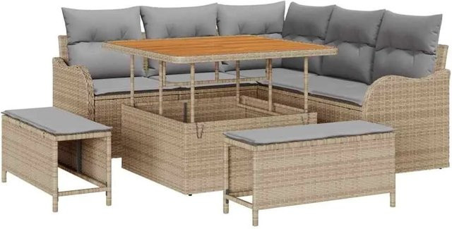 vidaXL Garten-Sofa-Set 8-teilig mit Kissen in Beige und Hellgrau mit L-Form, Eckelement, Ottoman und Couchtisch aus Metall und Akazienholz - Bild 1
