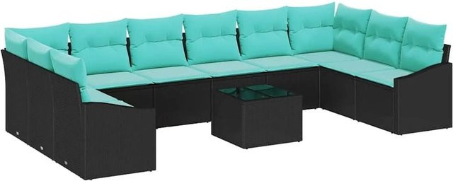 vidaXL Sofa Set aus Poly Rattan in Schwarz, 11-teiliges Lounge-Set mit Kissen und Beistelltisch in U-Form - Bild 1