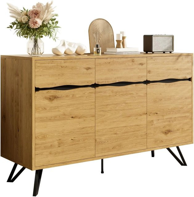 okwish Sideboard mit 3 Türen und Metallbeinen in Braun, B/T/H: 140 x 40 x 75,5 cm - Bild 1