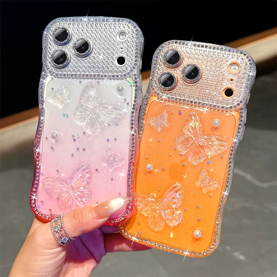 Xeber 3D Schmetterlings Handyhülle mit Glitzer-Strass und Kamera-Schutz für iPhone 17 16 15 14 13 Pro Max Plus Air, Transparent Pink Multicolour - Bild 1