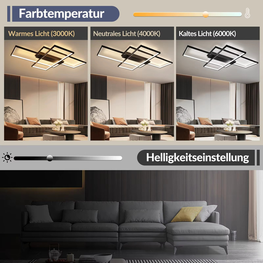 Nettlife LED Deckenleuchte in Schwarz mit geometrischem Design aus drei überlappenden Rechtecken, dimmbar, 88W, B/T/H: 100 x 65 cm - Bild 2