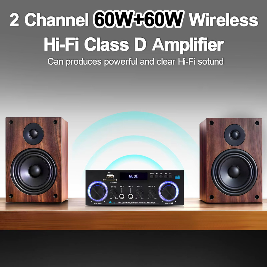 WOOPKER AK50 HiFi Digital Bluetooth Stereo Verstärker mit 2x 60W, FM, USB und AUX in Schwarz - Bild 4