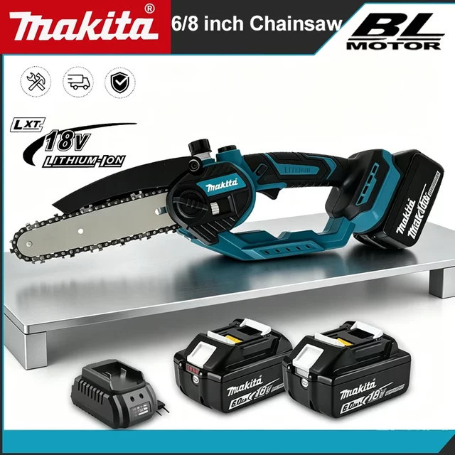 Makita Mini-Elektrokettensäge in Blau mit LED-Arbeitsleuchte für 18/21V Akkus, 6/8 Zoll Holzschneider und Beschneidungswerkzeug - Bild 1