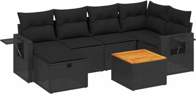vidaXL 7-tlg. Garten-Sofagarnitur in L-Form aus schwarzem PE-Rattan mit Kissen und pulverbeschichtetem Stahlgestell - Bild 1
