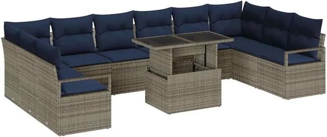 vidaXL Garten-Sofa-Set 11-tlg. in U-Form aus Poly-Rattan mit Polstern, Grau und Marineblau - Bild 1