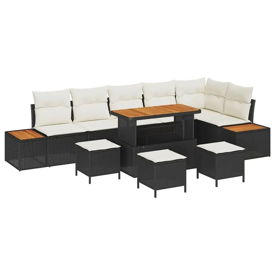 vidaXL 10-teiliges Garten-Sofa-Set aus Poly Rattan und Akazie mit Kissen in Schwarz-Creme - Bild 2