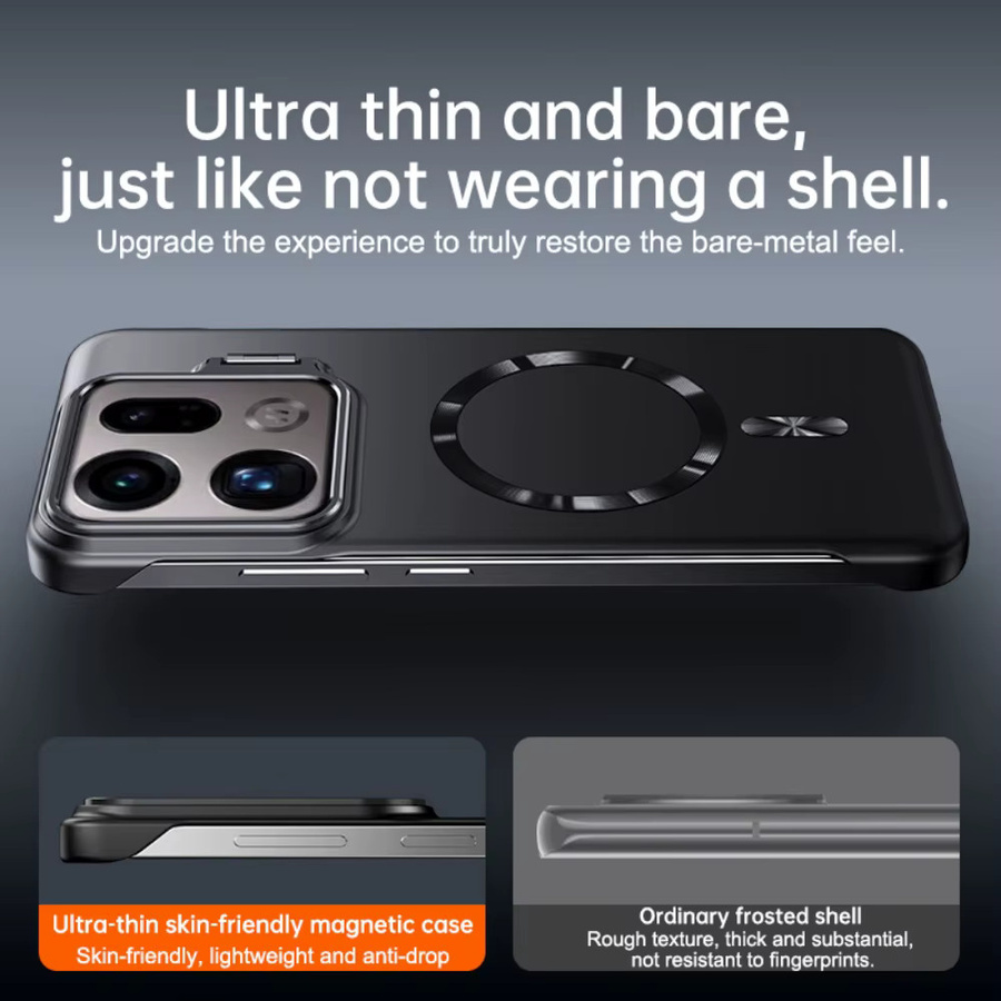 MagSafe kompatible Matte Armor Handyhülle für OPPO Find X9 Pro mit rahmenlosem Kamera-Klappständer in Schwarz und Orange - Bild 3