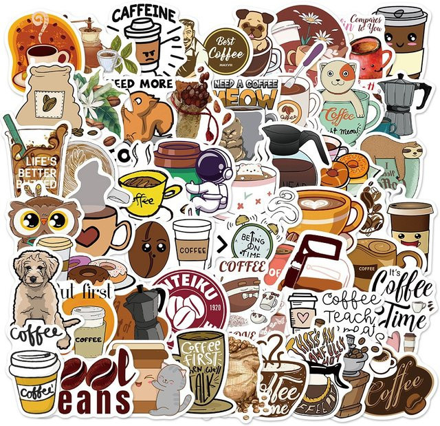 50 Stück Cartoon Kaffee Aufkleber in Multicolour für DIY Schreibwaren, Laptop und Koffer - Bild 1