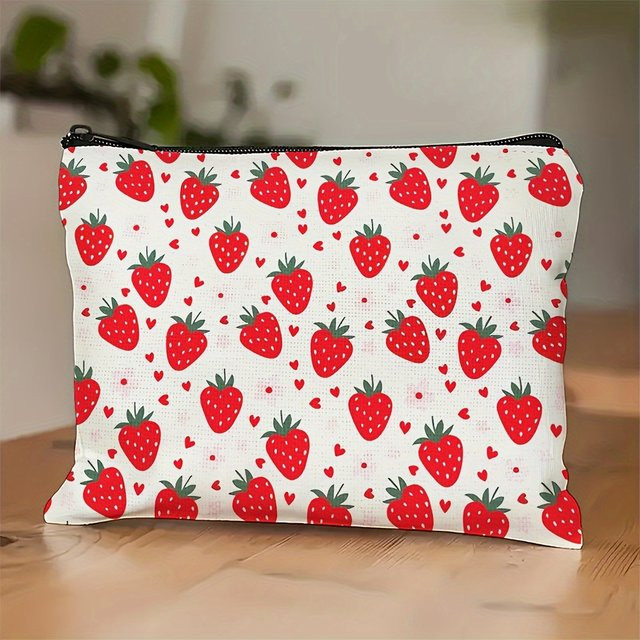 Kosmetik-Organizer mit Erdbeer-Herz-Aufdruck als Make-up-Tasche und Münzgeldbörse in Weiß - Bild 1