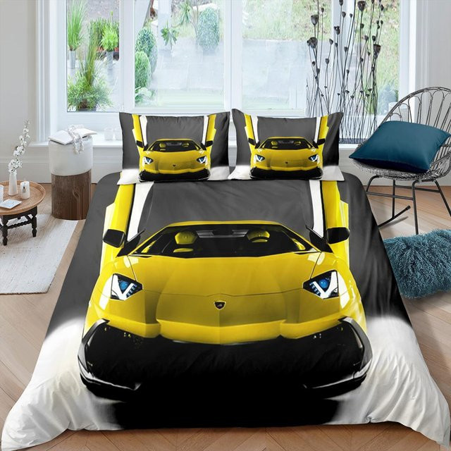Bettwäsche-Set mit Rennwagen-Aufdruck von Binchi Outdoor Product in Gelb, bestehend aus Bettbezug und Kissenbezug aus Polyester, Breite: 140 cm, Länge: 210 cm - Bild 1