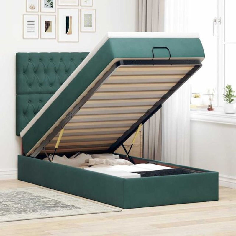 vidaxl Ottoman Polsterbett mit Matratze und LED in Dunkelgrün aus Samt, B/T/H: 90 x 200 x 128 cm - Bild 1