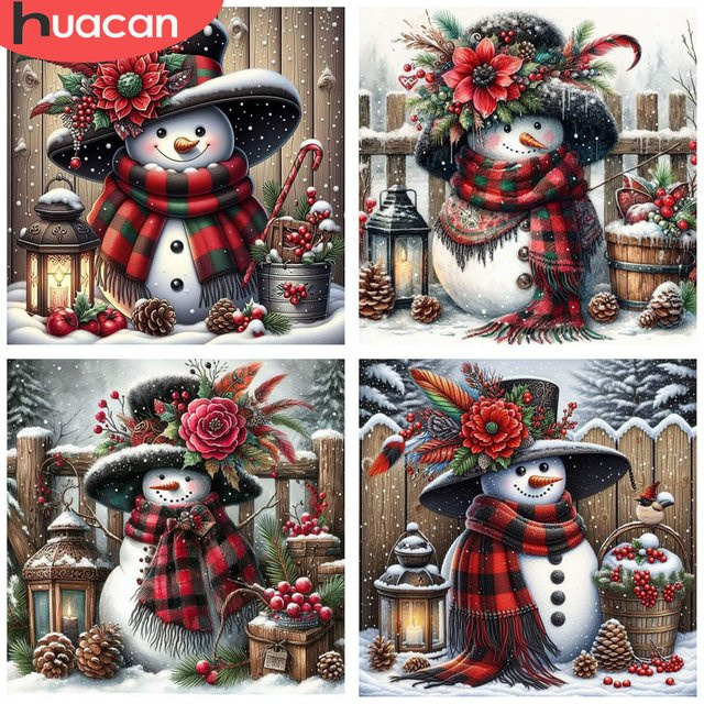 HUACAN 5D Diamant-Malerei-Set Winterszene mit festlichem Schneemann, Hut und Laterne, Full Round Strass-Kunst - Bild 1