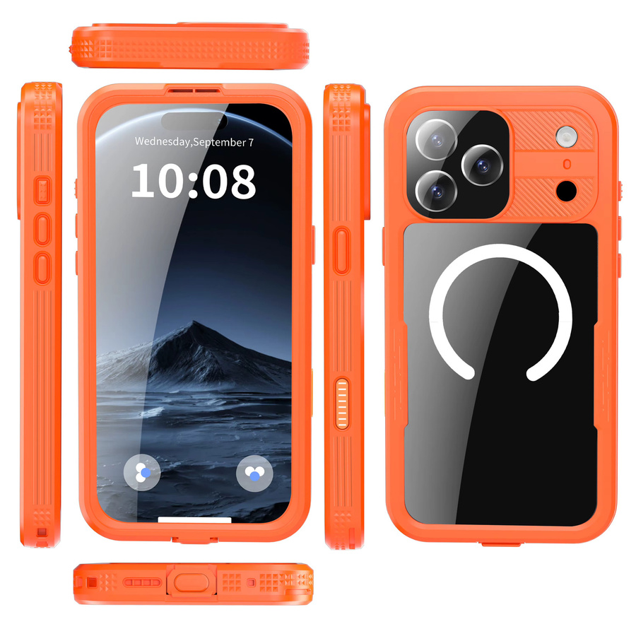 Shellbox Wasserdichte Handyhülle mit 360 Grad Rundum-Schutz und Sturzsicherung für iPhone 16 Pro Max, iPhone 17 Air, iPhone 15 und iPhone 14 Pro in Orange - Bild 2