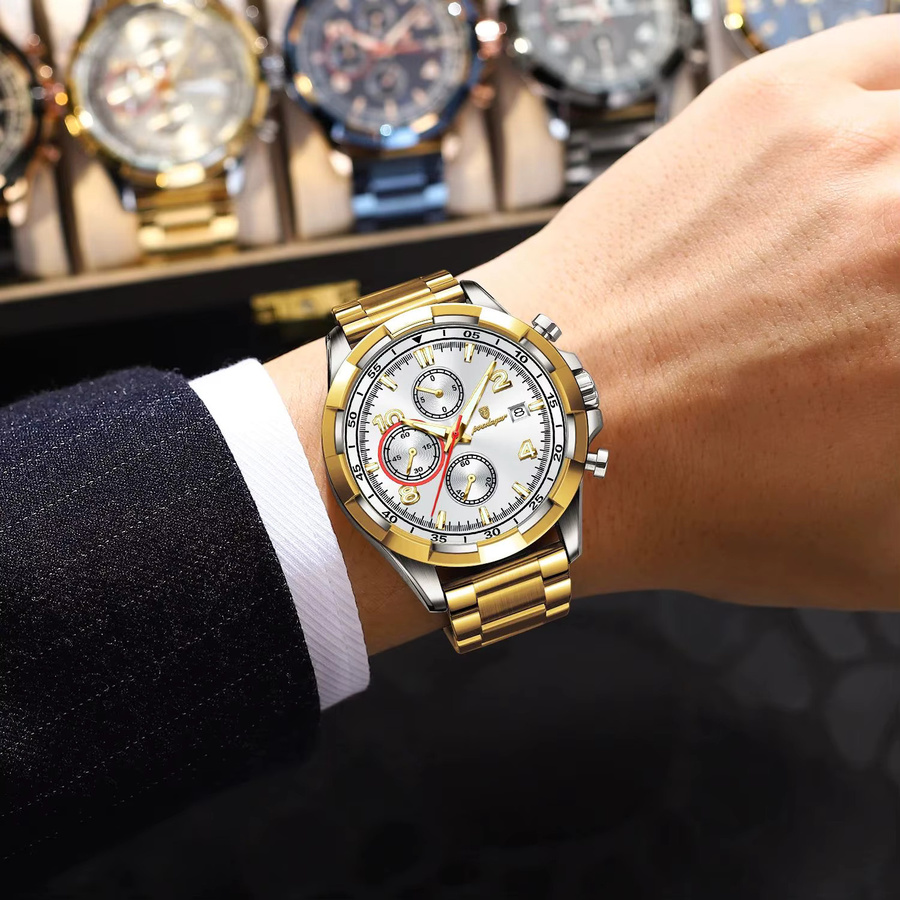 POEDAGAR Armbanduhr Chronograph, Quarz, Edelstahl, Silber, Bicolor, Herren - Bild 4