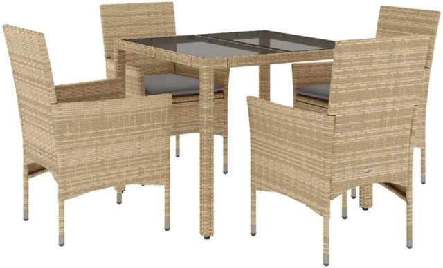 vidaXL 5-teilige Garten-Essgruppe aus Poly-Rattan mit Kissen und Glastisch in Beige-Grau - Bild 1