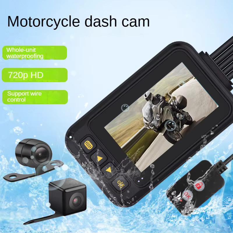 Bytelike Motorrad Dashcam in Schwarz mit 3,0 Zoll Display, 720P Dual Kamera vorne und hinten, wasserdicht, inklusive Kabel und Fernbedienung, ohne Speicherkarte - Bild 2