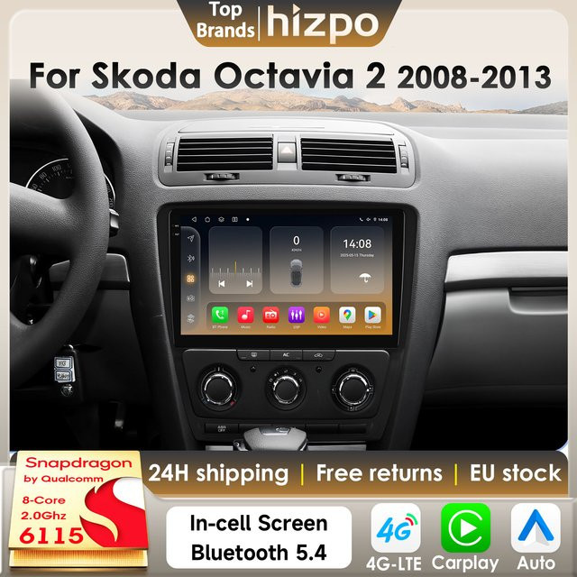 Hizpo Android 14 Intelligentes Autoradio für SKODA Octavia 2 A5 2008–2013 mit Qualcomm Snapdragon 6115, CarPlay, GPS, DSP und Bluetooth 5.4 in Schwarz und Silber - Bild 1