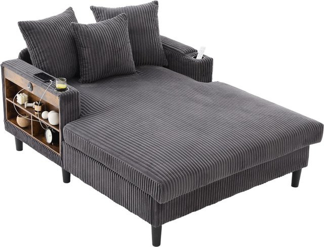 GOMYWAY Home Multifunktionale Cord-Chaiselongue in Grau mit beidseitigen Getränkehaltern und klappbarer Armlehne, B/T/H: 129 x 170 x 70 cm - Bild 1