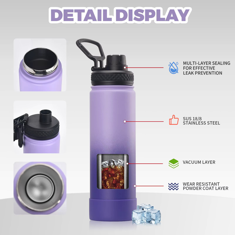 WATERSY Doppelwandige Thermoflasche aus Edelstahl mit Griff, Isolierflasche für Sport und Freizeit, Blau, 650 ml - Bild 3