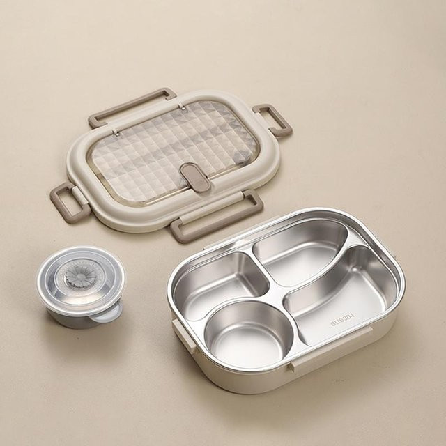 Isolierte Bento-Lunchbox aus Edelstahl mit Unterteilung und Besteck in Beige von Yiran Furniture, auslaufsicher und mikrowellengeeignet - Bild 1